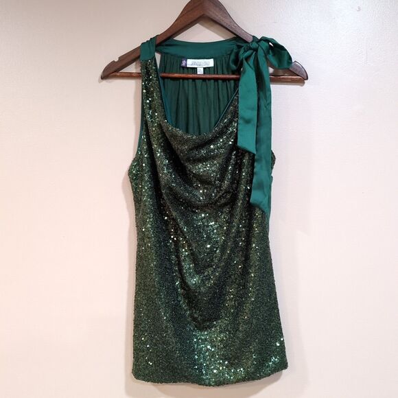 Jennifer Lopez Women L Sequin Cowl Neck Drape Top Shoulder Bow Tie Emerald Green - Picture 1 of 10